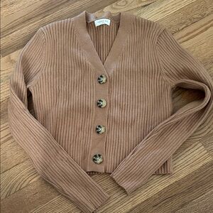 Sophie Rue Cropped Ribbed V-Neck Cardigan — Camel Brown